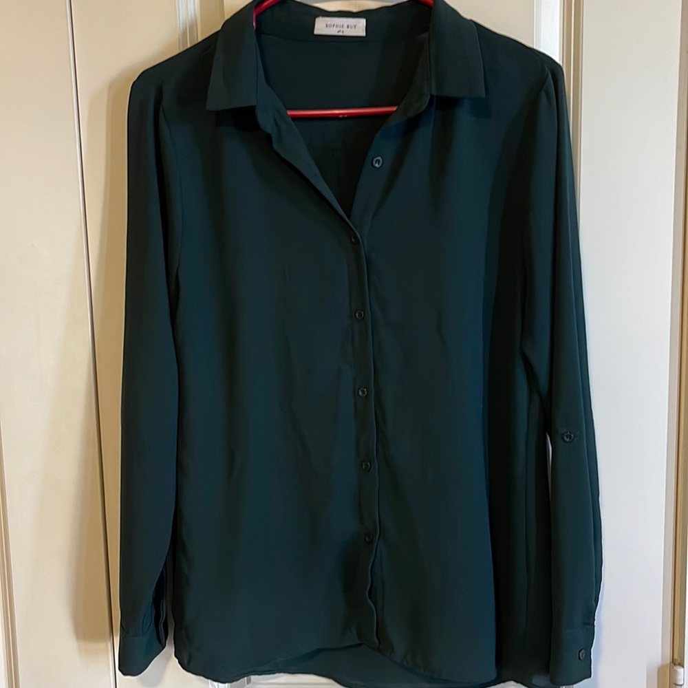 Dark green button up top, with subtle polka dots!